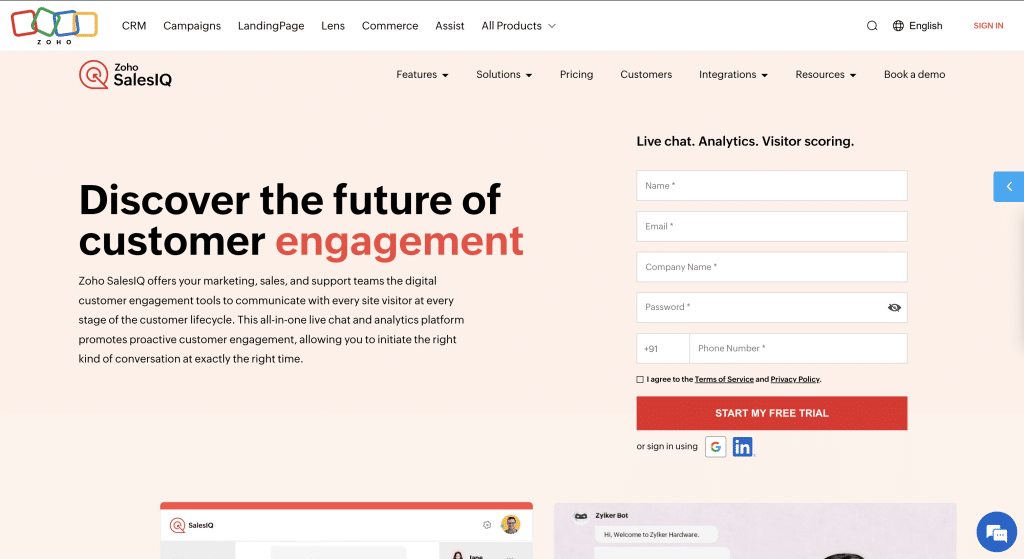 Zoho SalesIQ landing page overview